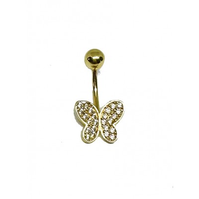 Zlatý 14K piercing do pupku - v tvare motýlika so zirkónmi